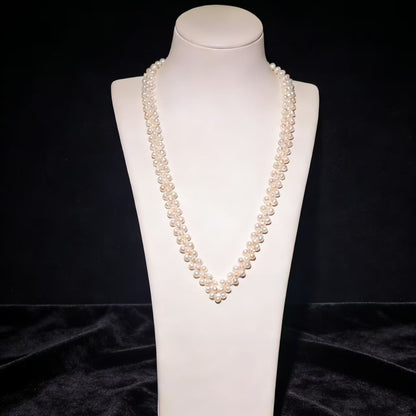 NC07-Handmade Knitted Cream White Seedless Pearls Costume Necklace Multi strand Round and Rice Shape Pearls Party Cluster Layers Jewelry Statement Layered Pearl Chain Adjustable Pearl Necklace