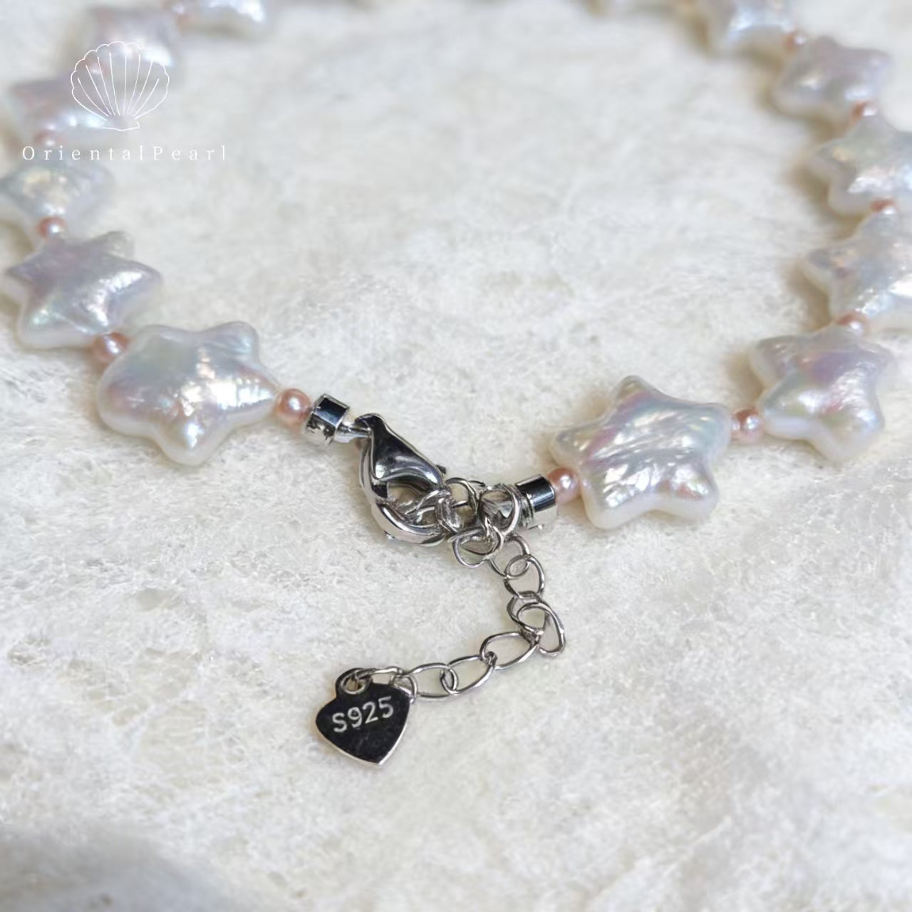 NC09-Star Pearl Necklace S925 Sterling Silver Clasp White Star Pearl with Pink Blue Luster Star Shape Natural Freshwater Pearl Baroque White Star Necklace
