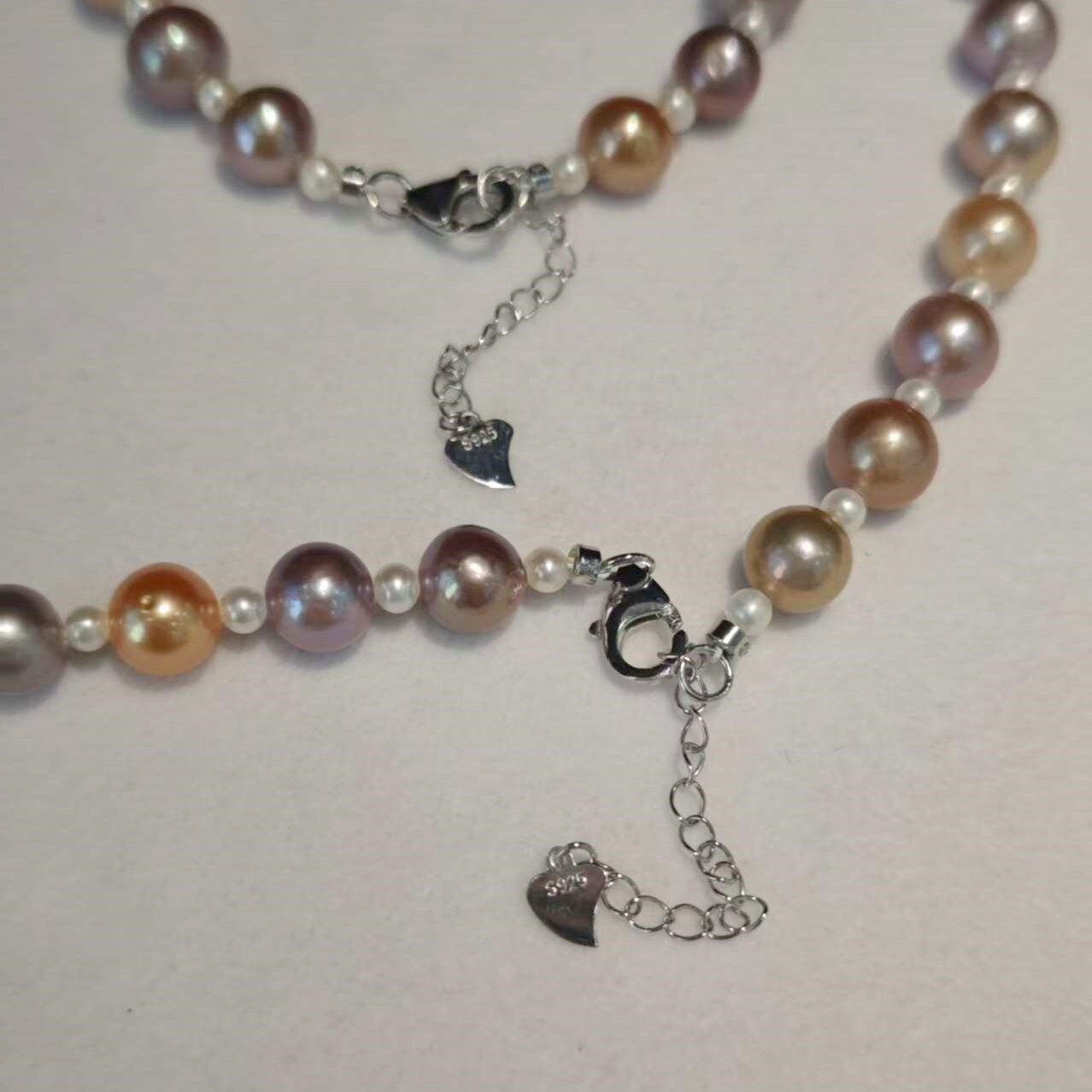 Set05-Candy Edison Freshwater Pearls Necklace and Bracelet Sterling Silver Setting Round Champagne Purple Pink White Pearls Necklace gift for girlfriend Wife Birthday