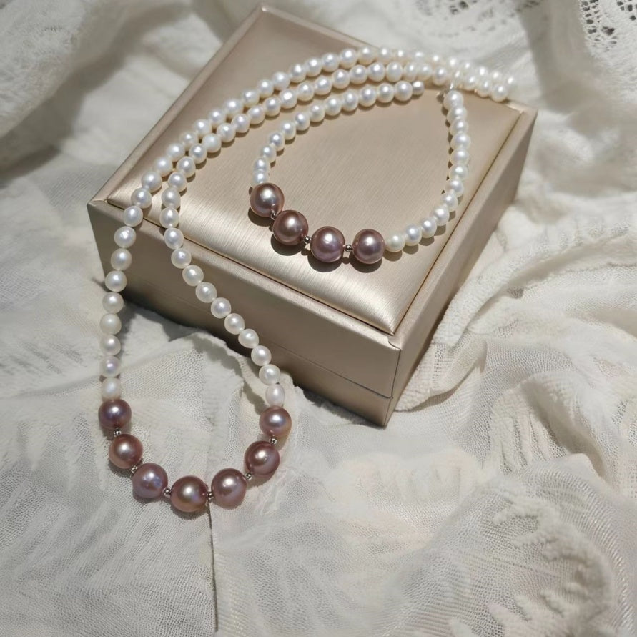 Set02-Romantic Natural Freshwater Purple Edison and White Baby Pearls Set Necklace and Bracelet Luminous & Full Gloss Refined Gradient Size Design Gift-Worthy Jewelry Set
