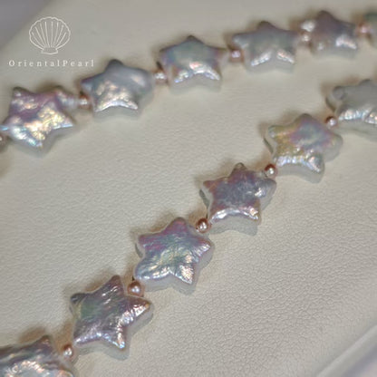 NC09-Star Pearl Necklace S925 Sterling Silver Clasp White Star Pearl with Pink Blue Luster Star Shape Natural Freshwater Pearl Baroque White Star Necklace
