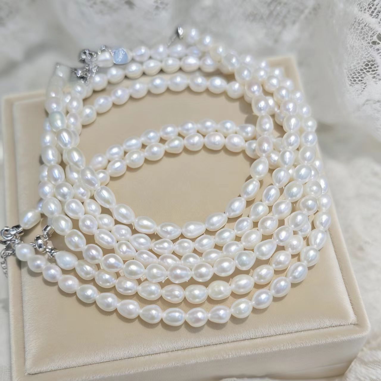 Set01-White Moonlight Freshwater Rice Pearl Necklace and Bracelet S925 Sterling Silver Setting Set Cloud Fluff Natural Minimalist Office Ready Understated Workwear Style Pearl Set