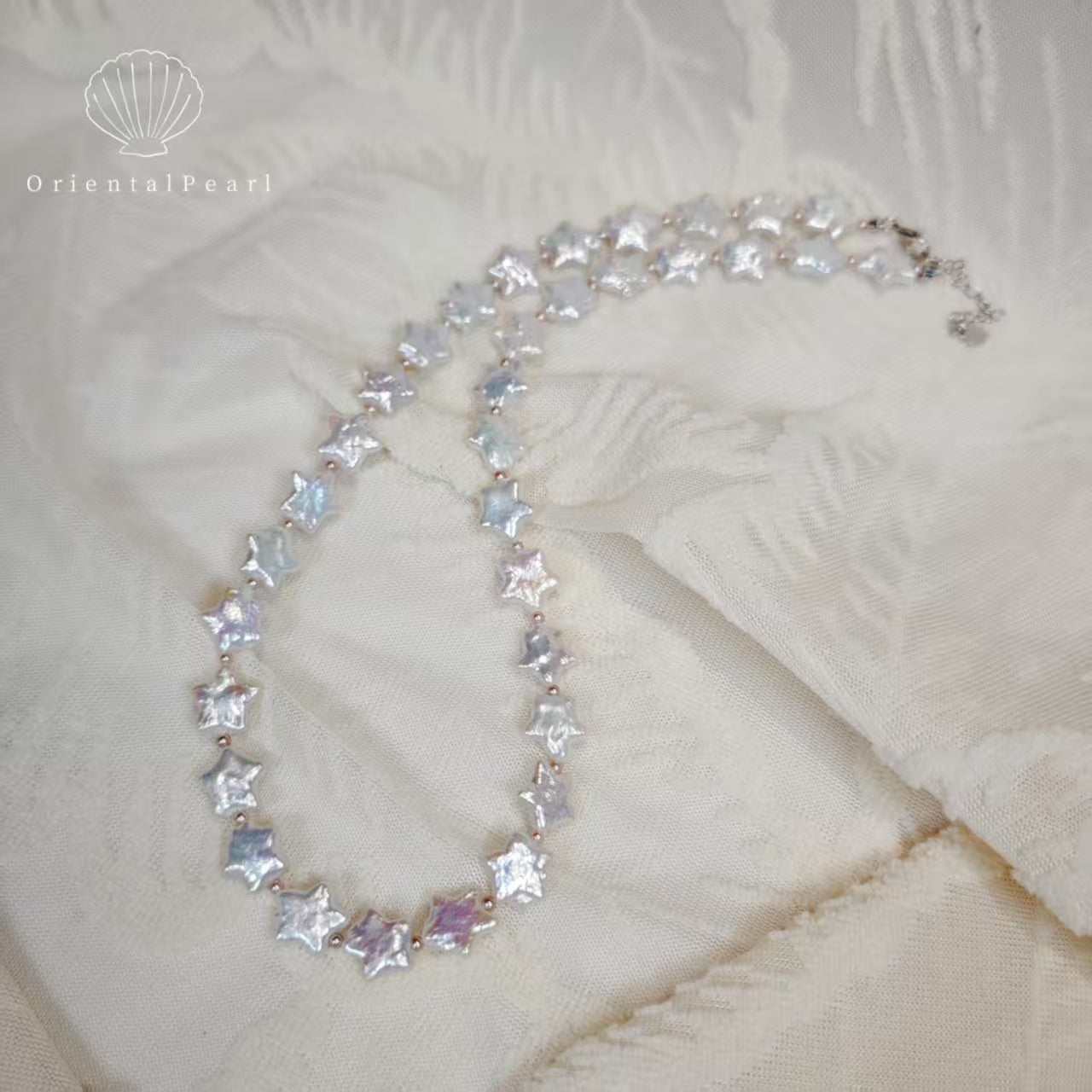 NC09-Star Pearl Necklace S925 Sterling Silver Clasp White Star Pearl with Pink Blue Luster Star Shape Natural Freshwater Pearl Baroque White Star Necklace