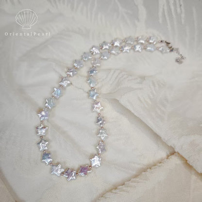 NC09-Star Pearl Necklace S925 Sterling Silver Clasp White Star Pearl with Pink Blue Luster Star Shape Natural Freshwater Pearl Baroque White Star Necklace