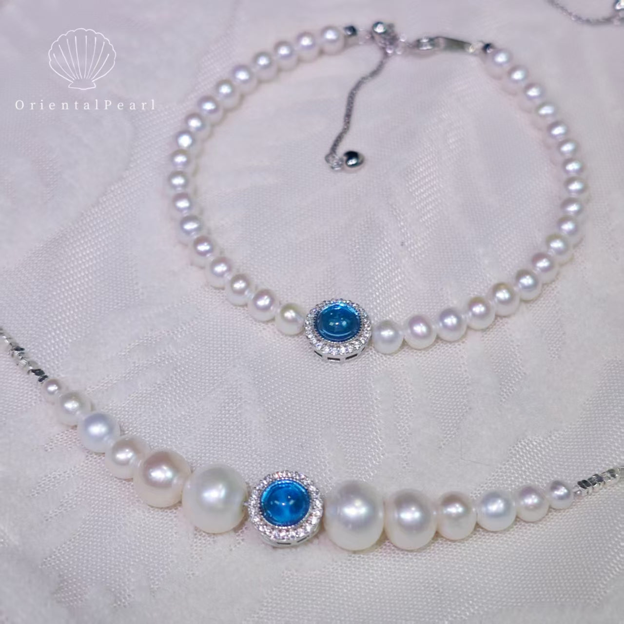 Set07-Natural White Freshwater Pearl Set with S925 Accessory Clasp and Blue Stone Gradient Size Necklace and Bracelet