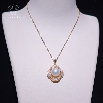 NC10-10mm-11mm Aurora Edison Pendant Freshwater Pearl Necklace with S925 Chain in Gold Sparkle Zircon Decoration Flower Shape Design S925 Accessory in Gold Natural Strong Luster Pearl Necklace