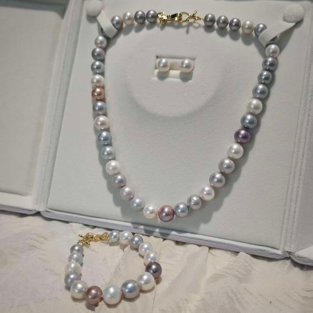 Set03-Multi-Color Edison Freshwater Pearl Jewelry Set Silver-Blue Candy Color Necklace Bracelet Earrings Affordable with Gift Box Pastel Edison Freshwater Pearl Set