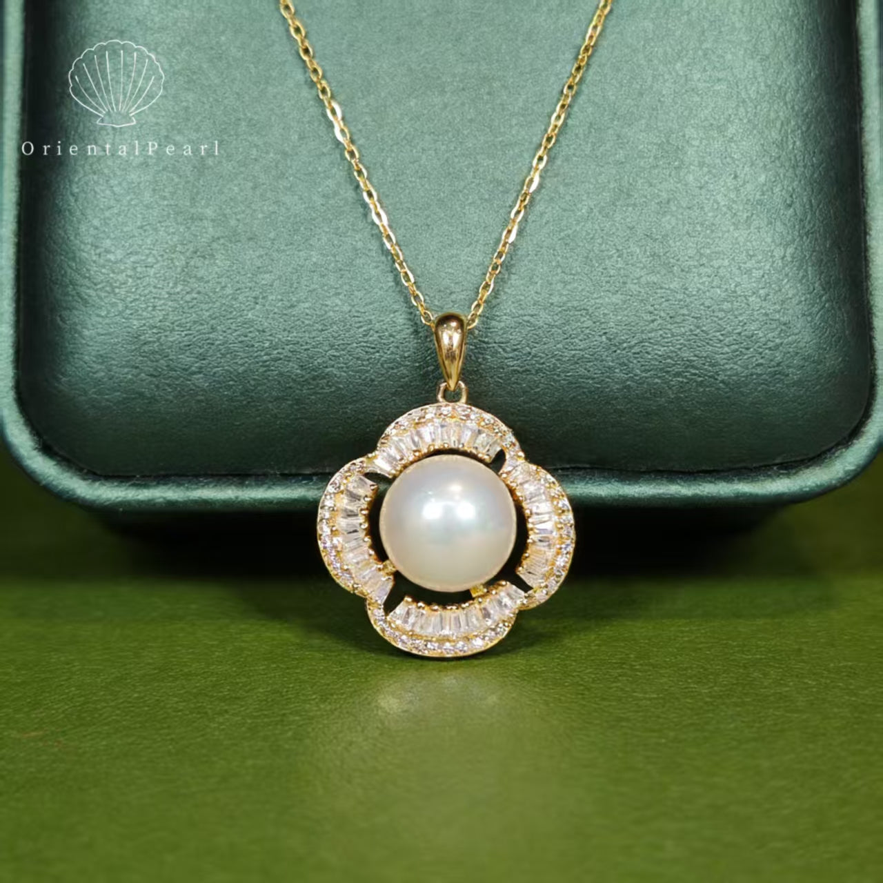 NC10-10mm-11mm Aurora Edison Pendant Freshwater Pearl Necklace with S925 Chain in Gold Sparkle Zircon Decoration Flower Shape Design S925 Accessory in Gold Natural Strong Luster Pearl Necklace
