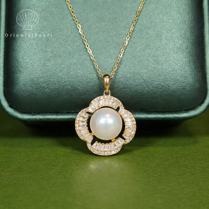 NC10-10mm-11mm Aurora Edison Pendant Freshwater Pearl Necklace with S925 Chain in Gold Sparkle Zircon Decoration Flower Shape Design S925 Accessory in Gold Natural Strong Luster Pearl Necklace