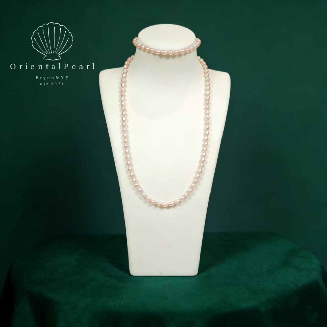 Set09-Light Pink Seedless Pearl Set Necklace and Bracelet Natural Pale Pink Color Pearls Full Strand Rice Shape Pearls Blush Dreamy Pink Color Set with S925 Clasp and Strong Luster