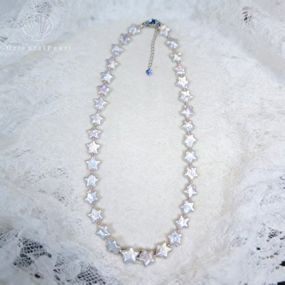 NC09-Star Pearl Necklace S925 Sterling Silver Clasp White Star Pearl with Pink Blue Luster Star Shape Natural Freshwater Pearl Baroque White Star Necklace