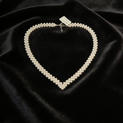 NC07-Handmade Knitted Cream White Seedless Pearls Costume Necklace Multi strand Round and Rice Shape Pearls Party Cluster Layers Jewelry Statement Layered Pearl Chain Adjustable Pearl Necklace