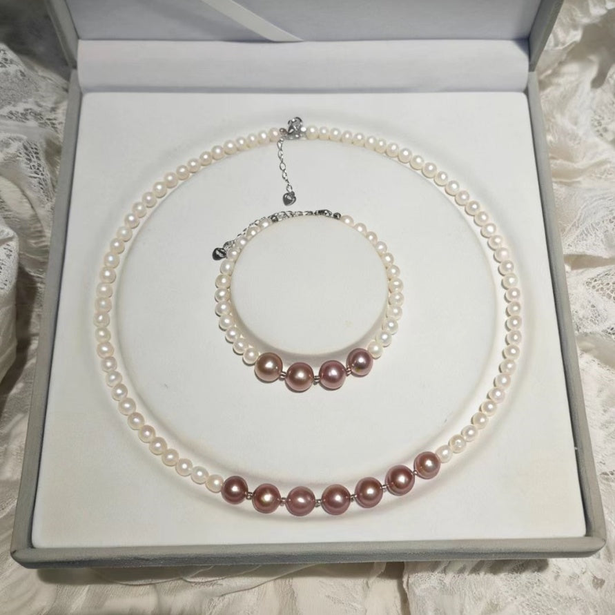 Set02-Romantic Natural Freshwater Purple Edison and White Baby Pearls Set Necklace and Bracelet Luminous & Full Gloss Refined Gradient Size Design Gift-Worthy Jewelry Set