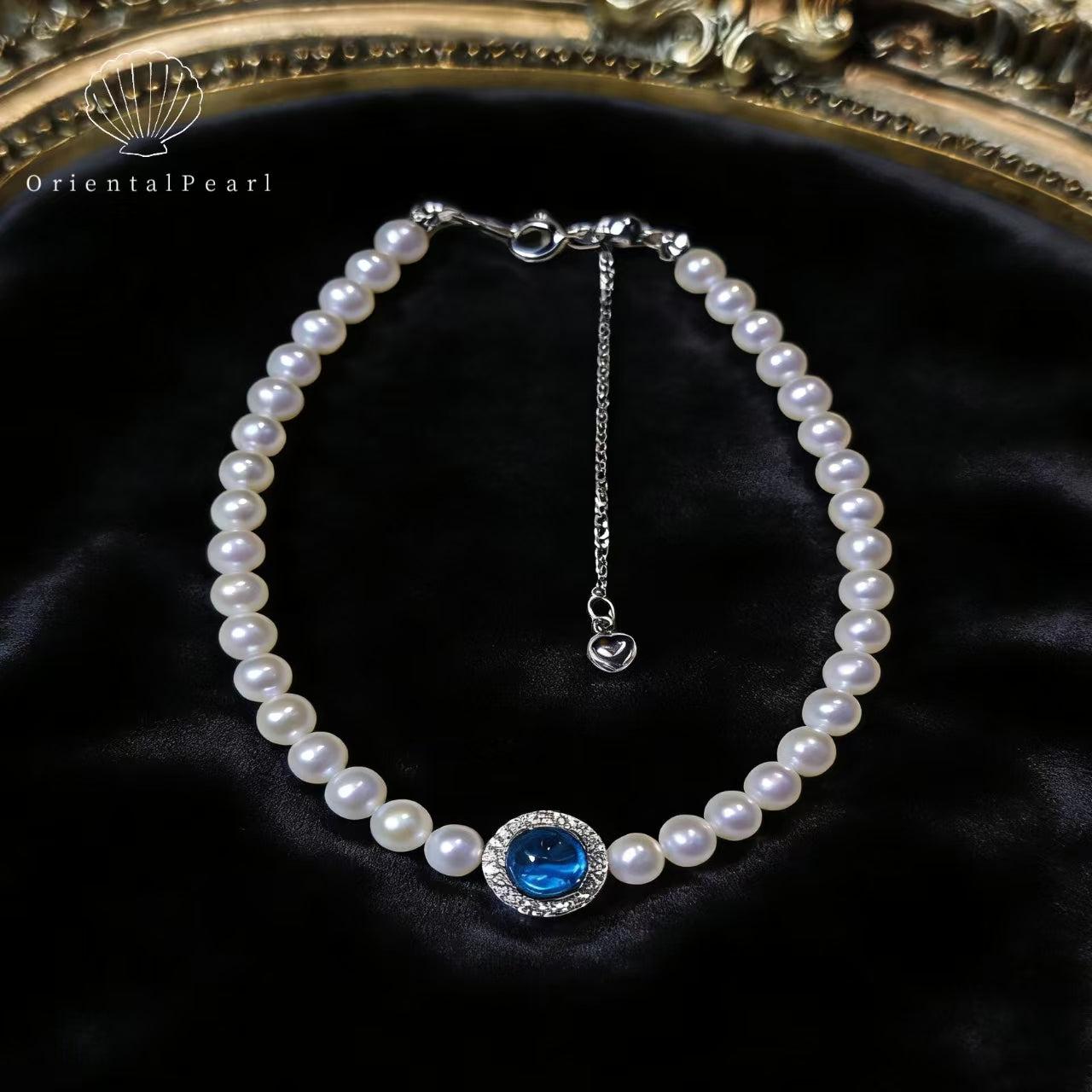 Set07-Natural White Freshwater Pearl Set with S925 Accessory Clasp and Blue Stone Gradient Size Necklace and Bracelet