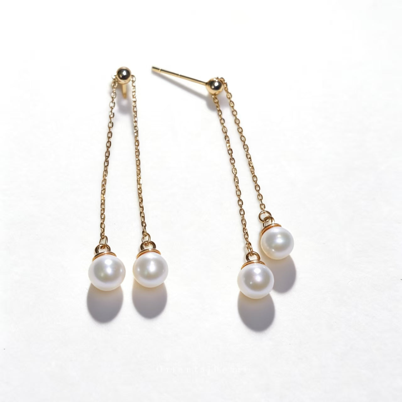 E05-Dangling Pearl Threader Earrings White Round Pearl with S925 Chain Setting Dainty for Women Jewelry Drop Earrings Valentine's Day Gift