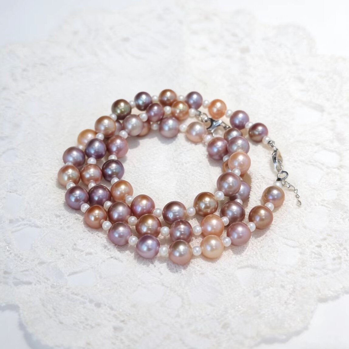 Set05-Candy Edison Freshwater Pearls Necklace and Bracelet Sterling Silver Setting Round Champagne Purple Pink White Pearls Necklace gift for girlfriend Wife Birthday
