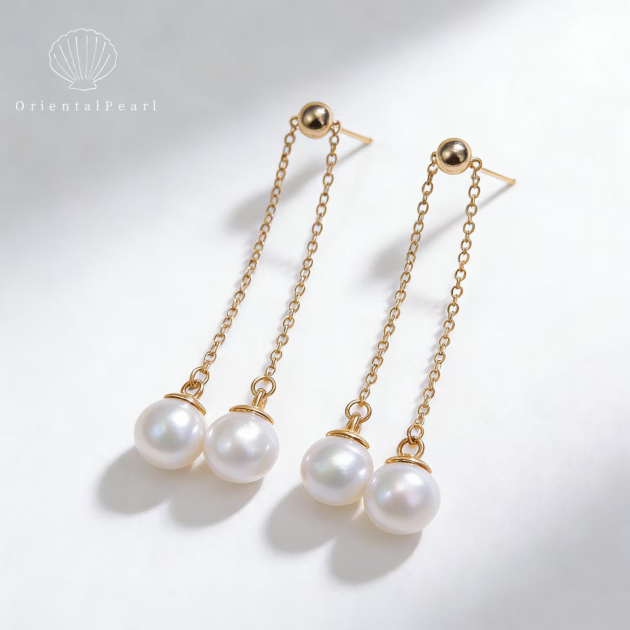 E05-Dangling Pearl Threader Earrings White Round Pearl with S925 Chain Setting Dainty for Women Jewelry Drop Earrings Valentine's Day Gift