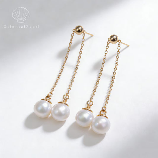 E05-Dangling Pearl Threader Earrings White Round Pearl with S925 Chain Setting Dainty for Women Jewelry Drop Earrings Valentine's Day Gift
