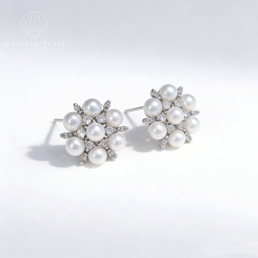 E04-S925 Snowflakes Stud Natural Pearl Earring Round Baby Freshwater Pearl Sterling Silver Metal Part with Cubic Zircon Bling Sparkle Earring