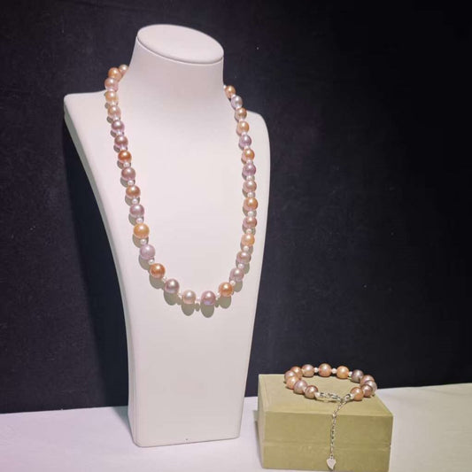Set05-Candy Edison Freshwater Pearls Necklace and Bracelet Sterling Silver Setting Round Champagne Purple Pink White Pearls Necklace gift for girlfriend Wife Birthday