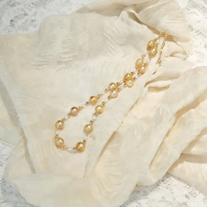 NC06-Saltwater Gold Pearl South-sea Gold Necklace with S925 Sterling Silver Adjustable Chain Seawater Golden Pearl SSG necklace for Mom Wife Luxury Jewelry Gift for Anniversary Valentine's Day
