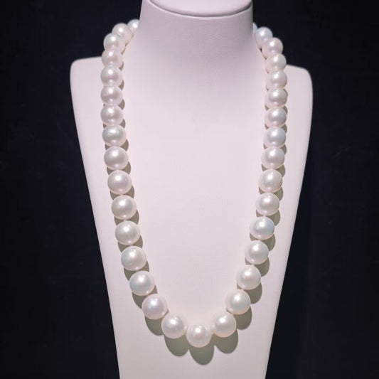 NC04-Aurora Luster White Edison Freshwater Pearls Necklace 11mm - 13mm Big Size Round Moon Light White Pearl with S925 Sterling Silver Infinity Clasp Elegant Graceful Gift for Wedding Birthday