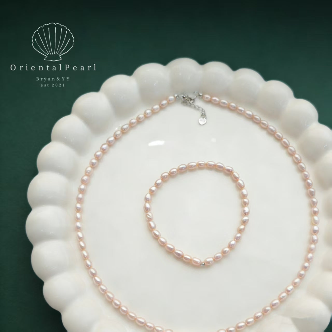 Set09-Light Pink Seedless Pearl Set Necklace and Bracelet Natural Pale Pink Color Pearls Full Strand Rice Shape Pearls Blush Dreamy Pink Color Set with S925 Clasp and Strong Luster