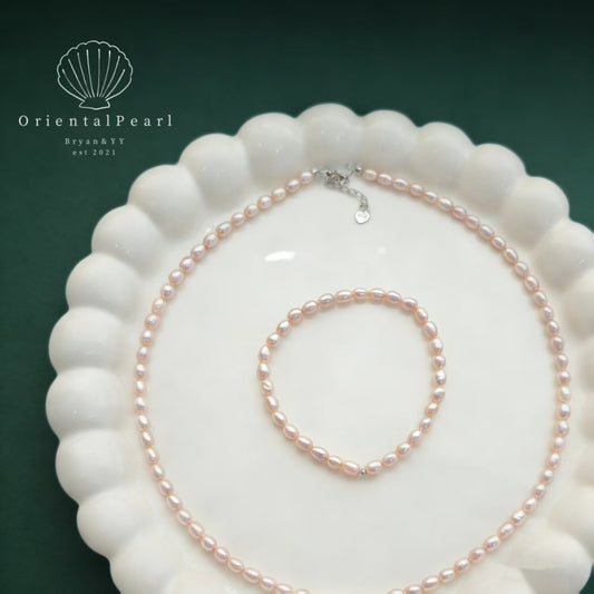 Set09-Light Pink Seedless Pearl Set Necklace and Bracelet Natural Pale Pink Color Pearls Full Strand Rice Shape Pearls Blush Dreamy Pink Color Set with S925 Clasp and Strong Luster