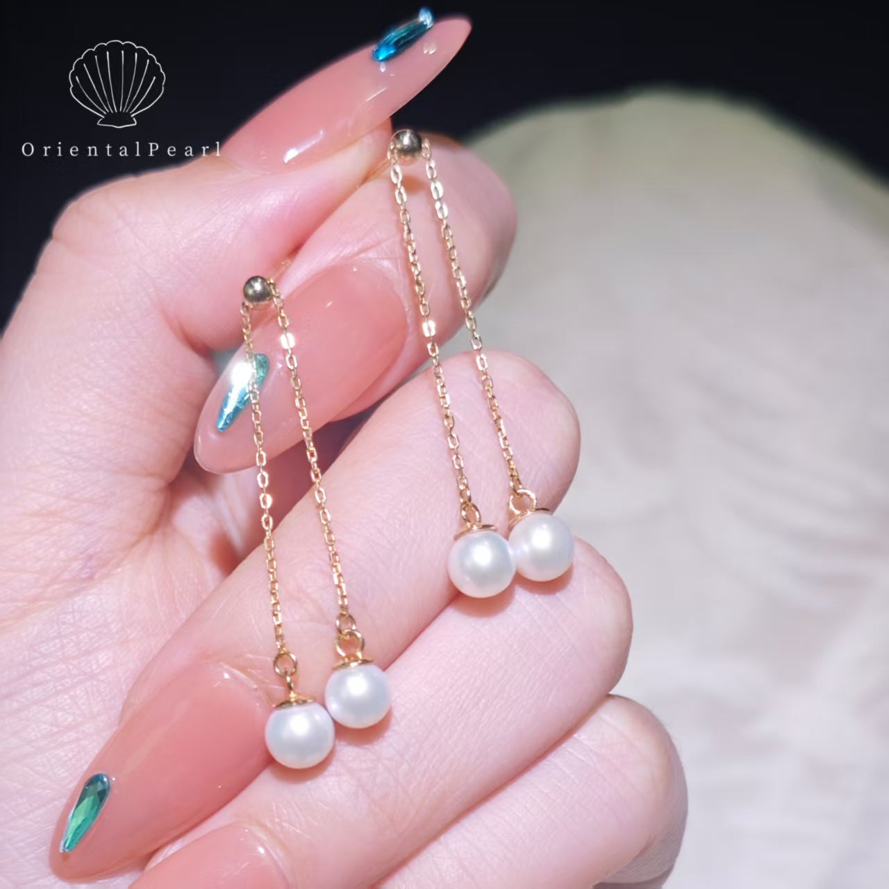 E05-Dangling Pearl Threader Earrings White Round Pearl with S925 Chain Setting Dainty for Women Jewelry Drop Earrings Valentine's Day Gift