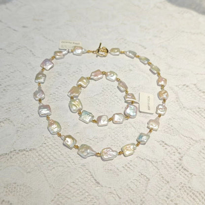 Set04-U R MY SUGER Pearl Jewelry Set Baroque Square Shape Freshwater Pearls Necklace with Gold Plated OT Clasp and Stretchy Bracelet Set Pearls with Flora Cluster