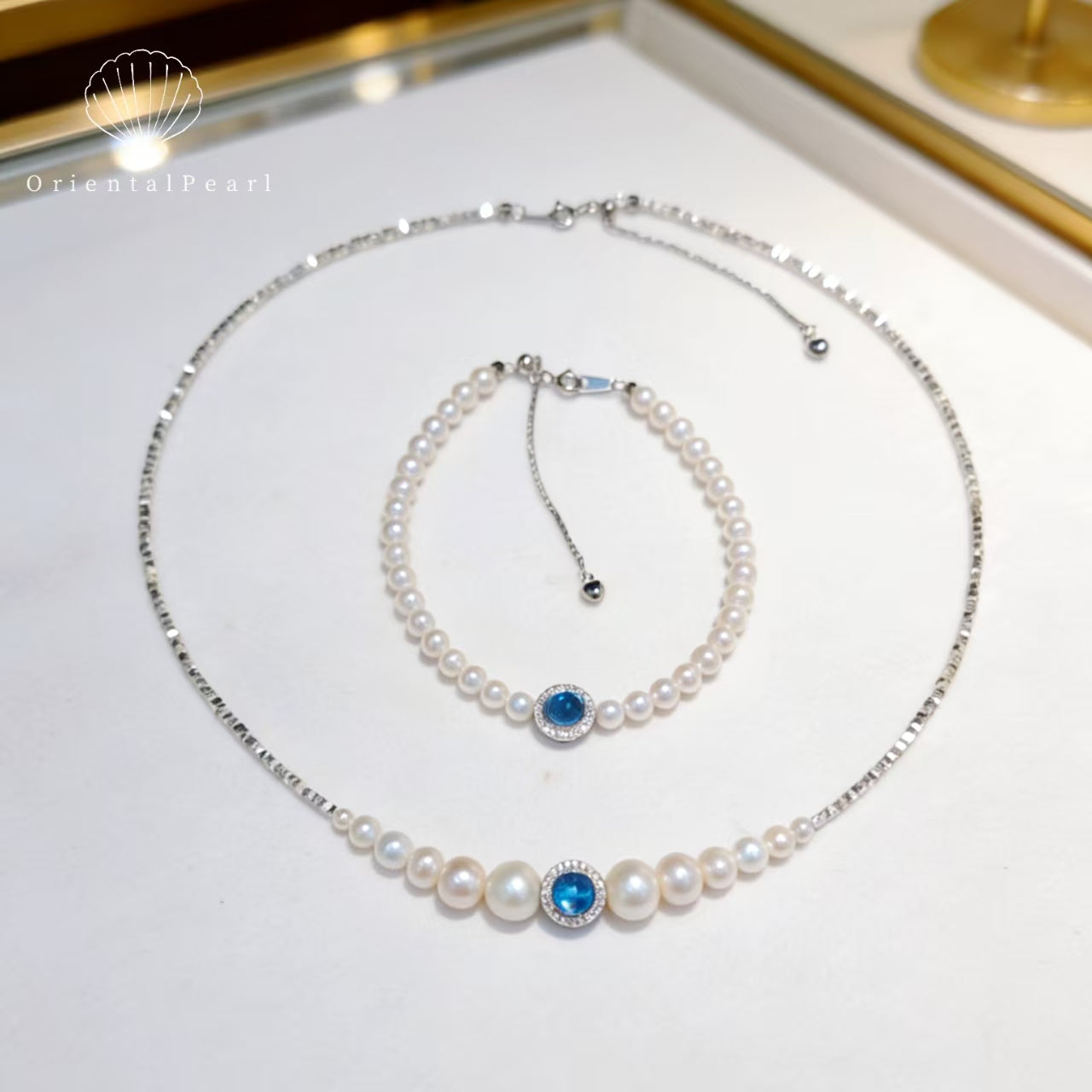 Set07-Natural White Freshwater Pearl Set with S925 Accessory Clasp and Blue Stone Gradient Size Necklace and Bracelet