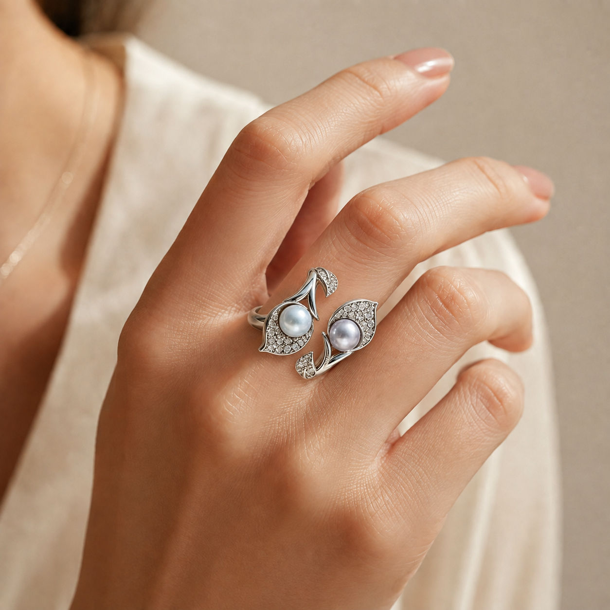 Vintage Leaf Wrap Pearl Statement Ring