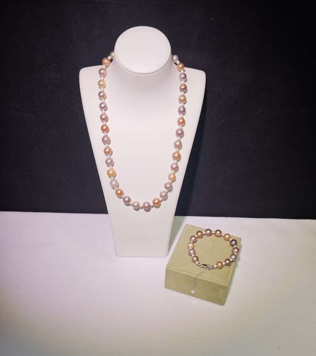 Set05-Candy Edison Freshwater Pearls Necklace and Bracelet Sterling Silver Setting Round Champagne Purple Pink White Pearls Necklace gift for girlfriend Wife Birthday