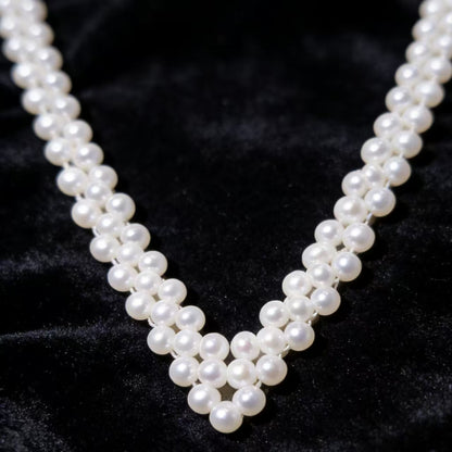 NC07-Handmade Knitted Cream White Seedless Pearls Costume Necklace Multi strand Round and Rice Shape Pearls Party Cluster Layers Jewelry Statement Layered Pearl Chain Adjustable Pearl Necklace