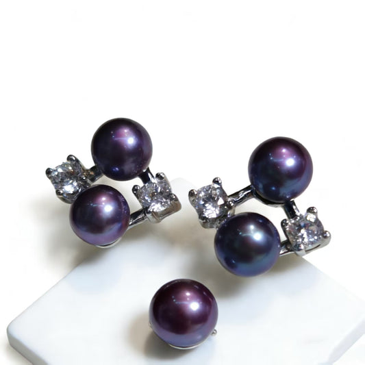 E01- S925 Sterling Silver Deep Demon Purple Pearl Studs 4 Freshwater Pearls Earrings with Bling Zircon Diamond Decoration Star Studs Gifts for Mom Wife Mothers Day/Wedding