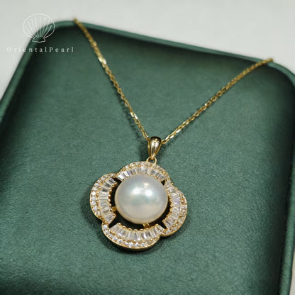 NC10-10mm-11mm Aurora Edison Pendant Freshwater Pearl Necklace with S925 Chain in Gold Sparkle Zircon Decoration Flower Shape Design S925 Accessory in Gold Natural Strong Luster Pearl Necklace
