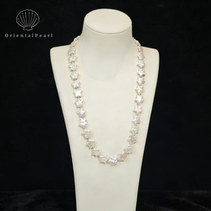NC09-Star Pearl Necklace S925 Sterling Silver Clasp White Star Pearl with Pink Blue Luster Star Shape Natural Freshwater Pearl Baroque White Star Necklace