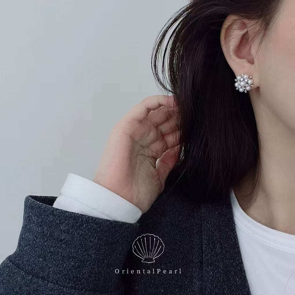 E04-S925 Snowflakes Stud Natural Pearl Earring Round Baby Freshwater Pearl Sterling Silver Metal Part with Cubic Zircon Bling Sparkle Earring