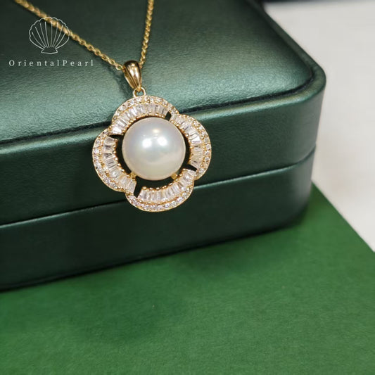 NC10-10mm-11mm Aurora Edison Pendant Freshwater Pearl Necklace with S925 Chain in Gold Sparkle Zircon Decoration Flower Shape Design S925 Accessory in Gold Natural Strong Luster Pearl Necklace