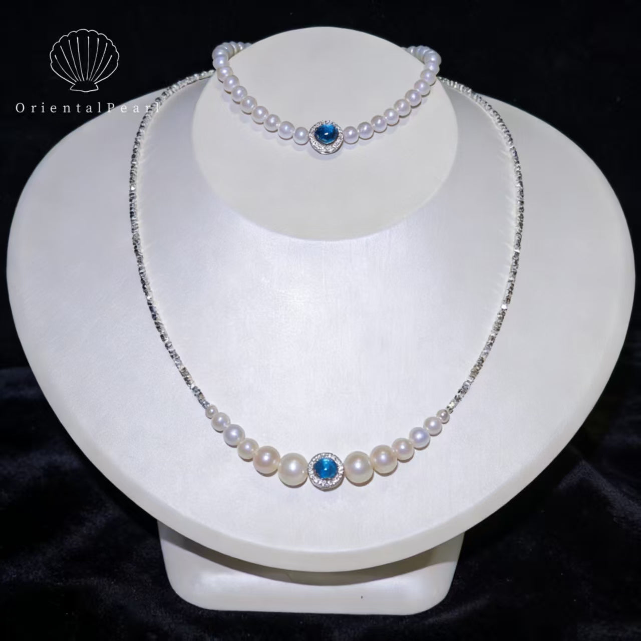 Set07-Natural White Freshwater Pearl Set with S925 Accessory Clasp and Blue Stone Gradient Size Necklace and Bracelet