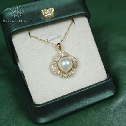 NC10-10mm-11mm Aurora Edison Pendant Freshwater Pearl Necklace with S925 Chain in Gold Sparkle Zircon Decoration Flower Shape Design S925 Accessory in Gold Natural Strong Luster Pearl Necklace