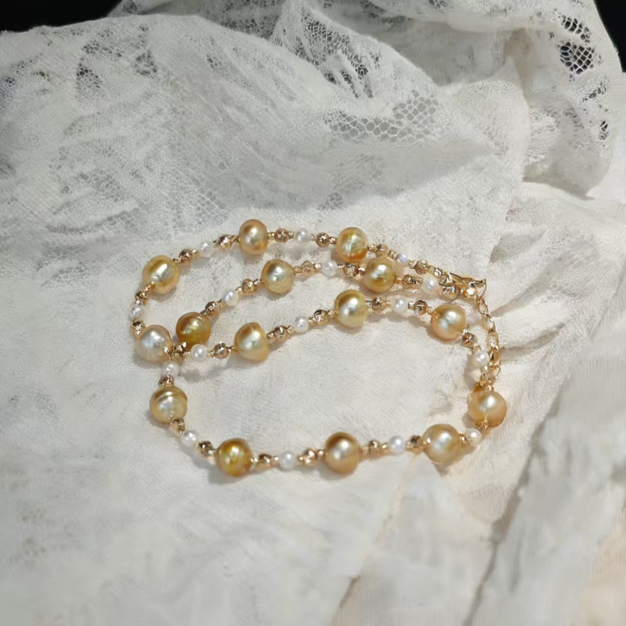 NC06-Saltwater Gold Pearl South-sea Gold Necklace with S925 Sterling Silver Adjustable Chain Seawater Golden Pearl SSG necklace for Mom Wife Luxury Jewelry Gift for Anniversary Valentine's Day