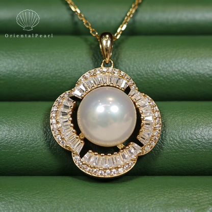 NC10-10mm-11mm Aurora Edison Pendant Freshwater Pearl Necklace with S925 Chain in Gold Sparkle Zircon Decoration Flower Shape Design S925 Accessory in Gold Natural Strong Luster Pearl Necklace