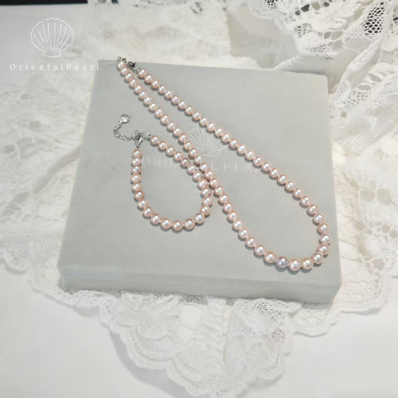 Set06-Blush Light Pink Freshwater Pearls Necklace and Bracelet Nucleus-free Seedless Pink Pearl Set with Sterling Silver S925 Clasp Full Strand Pink Blossom Glow Genuine Pearl Silver Accessories