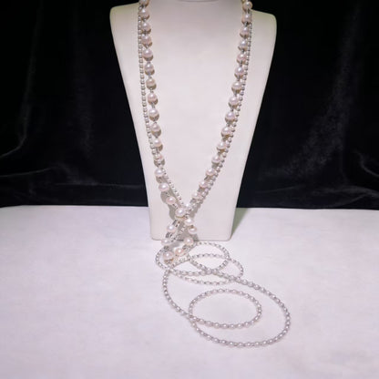 NC05-White Pearl Long Necklace Layered Pearl Statement Strand Chain Fashion Jewelry for Women Sweater Chain Adjustable Elegant Jewelry Sterling Silver S925 Accessories Dressy Collocation Spring Winter Evening Party Wedding Necklace