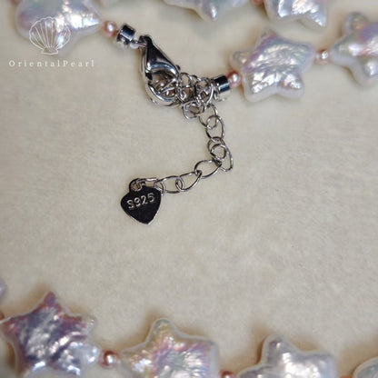 NC09-Star Pearl Necklace S925 Sterling Silver Clasp White Star Pearl with Pink Blue Luster Star Shape Natural Freshwater Pearl Baroque White Star Necklace