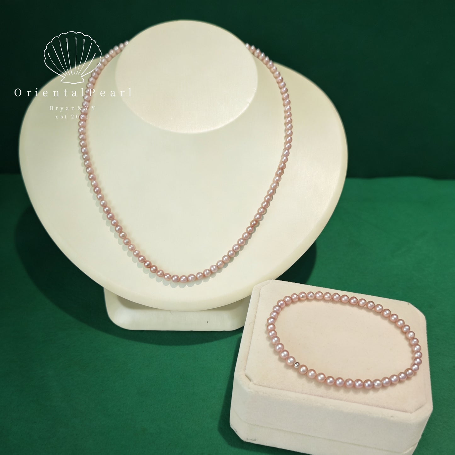 NC15-Baby Pink Glow 4mm-5mm Round Natural Pearls Pinkish Light Purple Necklace and Stretchy Bracelet Set Small Pearls with Sterling Silver Clasp Tini Pearls Daily Wear Elegant Set