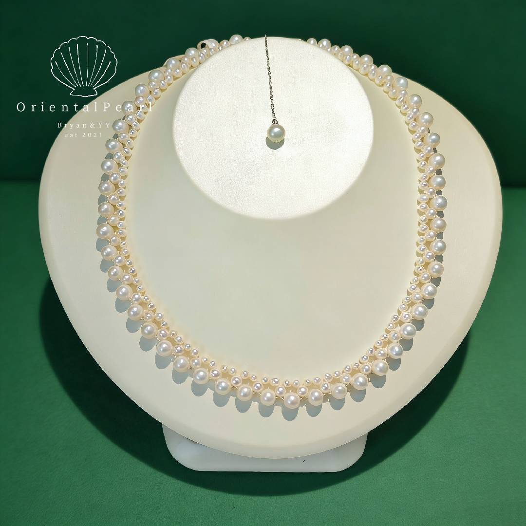 Set10-Lace Cream White Handmade Knitted Seedless Pearls 3-layer Stylish Necklace Cluster Layers Necklace and Bracelet Set