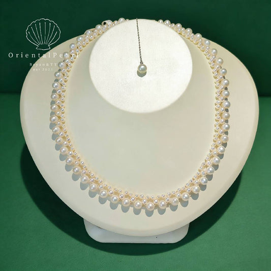 Set10-Lace Cream White Handmade Knitted Seedless Pearls 3-layer Stylish Necklace Cluster Layers Necklace and Bracelet Set