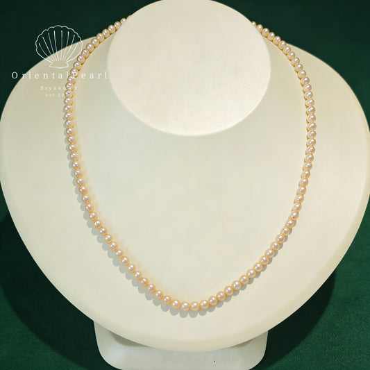 NC16-Baby Champagne Glow 4mm-5mm Baby Pearls Necklace and Stretchy Bracelet Set Round Pearls with S925 Clasp Light Gold Champagne Full Strand Baby Pearl Necklace Set